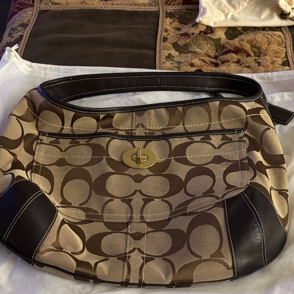 Coach Brown and Tan Signature Shoulder Bag